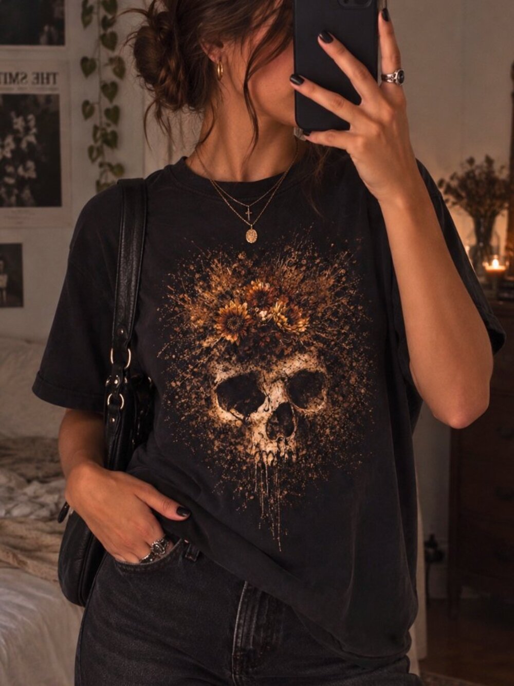 Comfort Colors Skull Sunflower Graphic Tee M Washed Black Soft Goth Rare Sample
